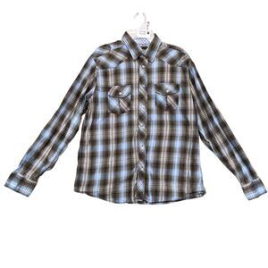 Carbon Blue Brown Plaid Cotton Button Up Shirt Men's L Long Slv Gorpcore Grunge